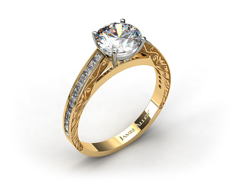 18k Yellow Gold Engraved Channel Set Princess and Carre Shaped Diamond Engagement Ring